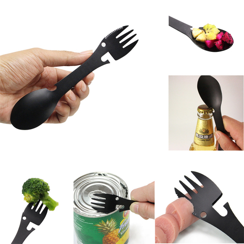 Cuchara y tenedor de acero inoxidable, herramienta múltiple, abridor de latas, utensilios portátiles, cubiertos, botella, Campamento, Picnic, spork, multiherramienta ► Foto 1/1