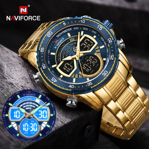 NAVIFORCE-relojes deportivos militares para hombre, reloj de pulsera Digital de cuarzo analógico de lujo, resistente al agua, con retroiluminación brillante, dorado ► Foto 1/6