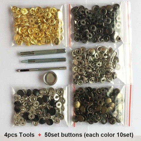 Juego de cierres a presión de cuero, 10mm, 12mm, 15mm, botones a presión de Metal, 4 herramientas de instalación, broches de cuero para ropa, 50 unidades ► Foto 1/6