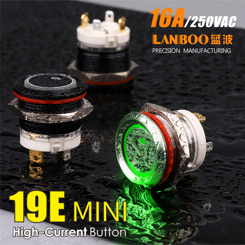 LANBOO-Interruptor de botón de metal de 16 amperios, interruptor de 19mm de alta corriente con enganche LED o momentáneo de 1 o 4 pines, MINI interruptor impermeable IP67 ► Foto 1/6