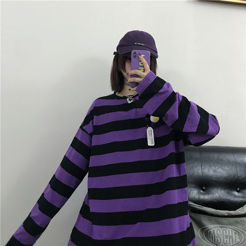 Camiseta de algodón a rayas moradas para mujer, remera ajustada Harajuku, camisetas coreanas de manga larga para mujer ► Foto 1/6