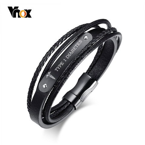 Pulsera de cuero genuino negro para hombre, joyería de emergencia, grabado gratis, para diabéticos, médicos, hielo, 8,3