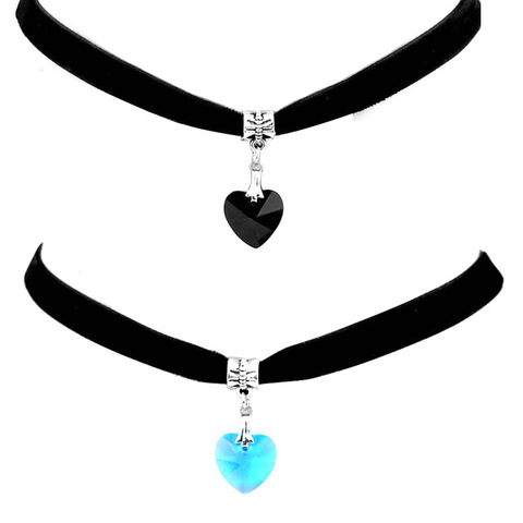 Gargantilla de terciopelo gótico estilo Harajuku, collar con colgante de corazón de cristal, color negro, Gargantillas de corazón ► Foto 1/6