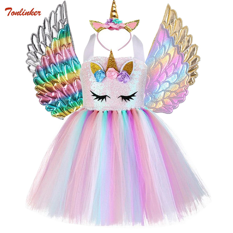 Disfraz de unicornio para niñas, vestido de fiesta con tutú de arcoíris de fantasía para niños, vestidos de princesa para vestirse, Cosplay con alas de diadema para Halloween ► Foto 1/6