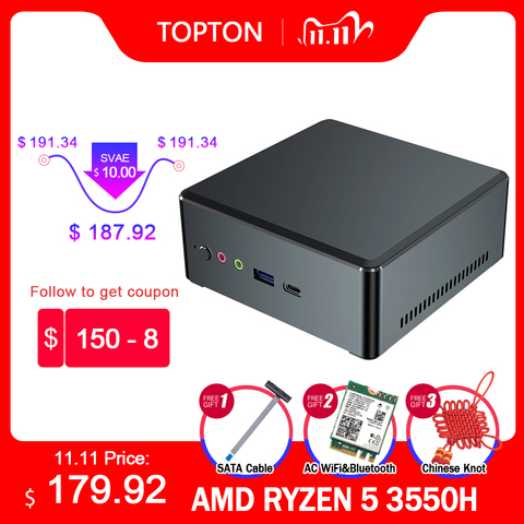 TOPTON-Mini PC AMD Ryzen 7 2700U 5 3550H Vega Graphic 2 * DDR4 M.2 NVMe, ordenador Gaming, Windows 10, 3x4K, tipo-c, HDMI2.0, DP, AC, WiFi ► Foto 1/6