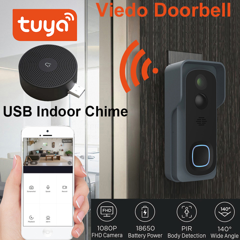 Tuya-timbre de vídeo inalámbrico WiFi 1080P con batería, timbre USB Compatible con Google y Alexa, resistente al agua, Smart lIfe ► Foto 1/5