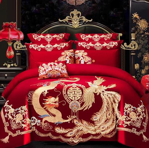 4/6 Uds de Loong bordado de Fénix rojo de cama funda nórdica sábana de algodón de estilo chino cubierta de la cama de boda ropa de cama de textiles para el hogar ► Foto 1/6