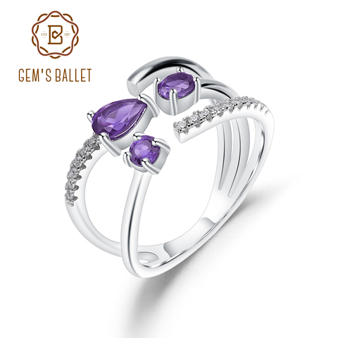 GEM'S BALLET-anillo abierto Ajustable de plata de ley 925 para mujer, sortija de piedra Natural de amatista 0,67ct, joyería de aniversario ► Foto 1/6