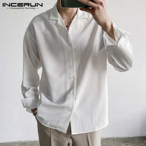 INCERUN-camisa manga larga para hombre, ropa de calle con cuello vuelto, informal, elegante, con botones, Color sólido, 2022 ► Foto 1/6