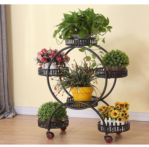 Soportes de flores portátiles con ruedas, soporte de metal para plantas, bandejas para macetas, gran estante de almacenamiento para decoración de jardín y sala de estar ► Foto 1/6