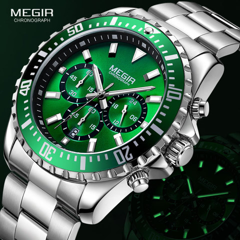 MEGIR-relojes de cuarzo con cronógrafo para hombre, de acero inoxidable, análogo lumioso, resistente al agua, 24 horas, esfera verde, 2064G-9 ► Foto 1/6