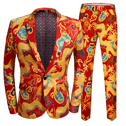 Traje con estampado de dragón rojo de estilo chino para hombre, ropa de cantante de escenario, esmoquin, traje de boda, para fiesta de baile, 2 piezas ► Foto 1/4