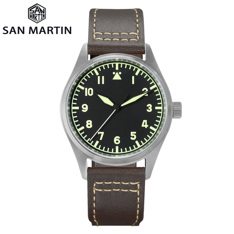 San Martin Pilot titanio Vintage militar entusiastas NH35 mecánico automático hombres reloj correa de cuero impermeable luminoso ► Foto 1/6