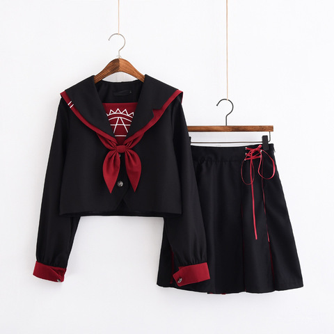 Jk-uniforme escolar para mujer, Falda plisada de manga larga negra, traje de Sailor japonés, para estudiantes ► Foto 1/5