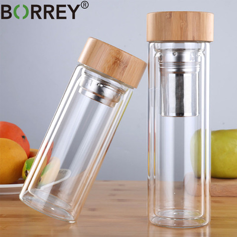 BORREY, botella de agua de vidrio de 450Ml, botella de té de doble pared antiquemaduras con filtro infusor, colador, botella de beber transparente para oficina ► Foto 1/6