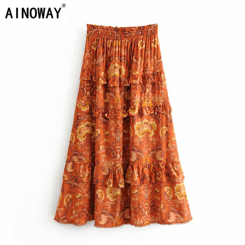 Chic Vintage de las mujeres de la moda Hippie playa bohemio floral imprimir volantes falda elástica alta cintura Maxi vestido falda Boho Falda Mujer ► Foto 1/6