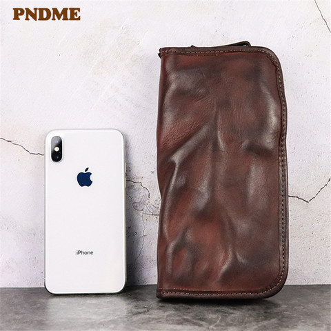 PNDME-cartera vintage de piel de vaca de primera capa para hombre y mujer, billetera simple hecha a mano de cuero genuino suave para mujer, con cremalleras largas para teléfono, bolsos de tarjetas ► Foto 1/6