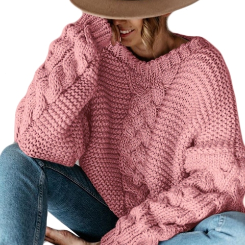 Suéter con cuello en V para mujer, Jersey de punto con Cable trenzado grueso, Top de manga larga para mujer, Jersey holgado informal de Color sólido, Top de invierno 2022 ► Foto 1/1