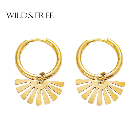 Wild & Free-pendientes de aro de acero inoxidable para mujer, aretes calados, geométricos, de hoja, Color dorado ► Foto 1/6