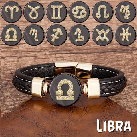 Pulsera de cuero negro con signo del zodiaco para hombre, brazalete con 12 Constelaciones, piedra Natural, Aries, Leo, horóscopo, regalos de navidad ► Foto 1/6