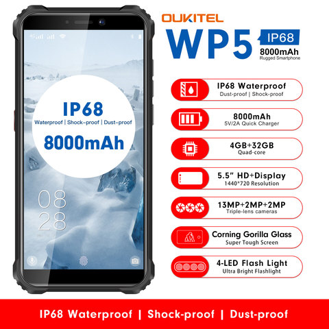 Oukitel-teléfono inteligente WP5 4GB RAM, teléfono móvil resistente al agua IP68, pantalla de 5,5 pulgadas, procesador MT6761, Quad Core, 4GB RAM, 32GB rom, luz Flash 4 LED, batería de 8000mAh, soporta GPS ► Foto 1/6