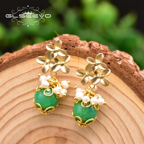 GLSEEVO-pendientes de plata de ley 925 con perlas de agua dulce, joyería étnica de Jade VERDE Natural, regalo de lujo, para esposa, madre y mujer, GE0931A ► Foto 1/6