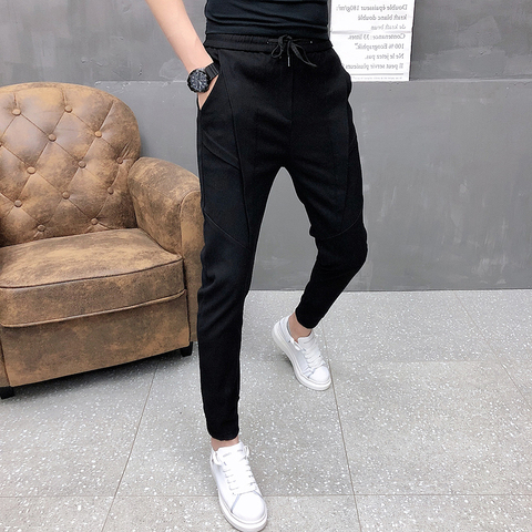 Pantalones de correr coreanos para hombre, pantalón grueso de alta calidad, con cordón, color negro/gris, 36 ► Foto 1/6