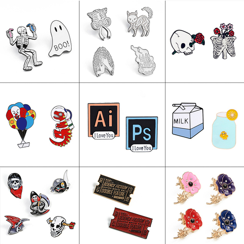 2 ~ 5 unids/set broche Pins Punk calavera esqueleto dibujos animados dinosaurio globo gato leche flor esmalte Pin para solapa con insignia para Mujeres Hombres joyería ► Foto 1/6