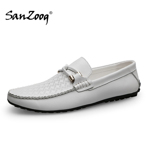 Mocasines informales de cuero genuino para hombre, mocasines transpirables de Lofer, color blanco, sólido y negro, para conducir, diseñador marca ► Foto 1/6