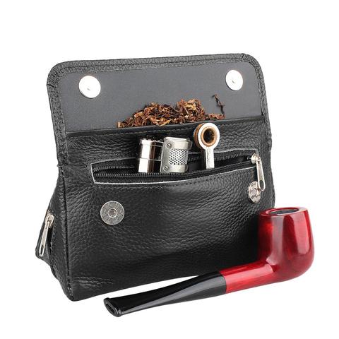 Bolsa de cuero negro y marrón para tabaco, funda para pipa, bolso para fumar para 2 tuberías, filtro de seguridad, herramienta limpiadora, conserva la frescura ► Foto 1/6