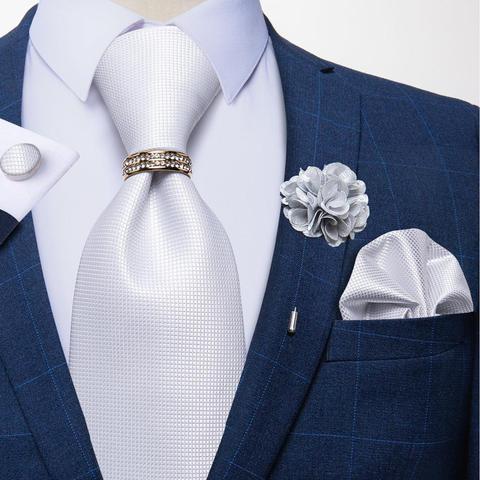 Corbata de seda para hombres, Corbatas de fiesta para boda, mancuernas, pañuelo, conjunto de broche, color blanco, 8cm ► Foto 1/6