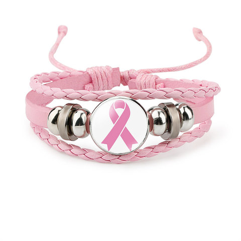 Pulsera de Concientización del cáncer de pecho para mujer, abalorio de cinta rosa, cuerda de cuero trenzado, brazalete, joyería hecha a mano ► Foto 1/6