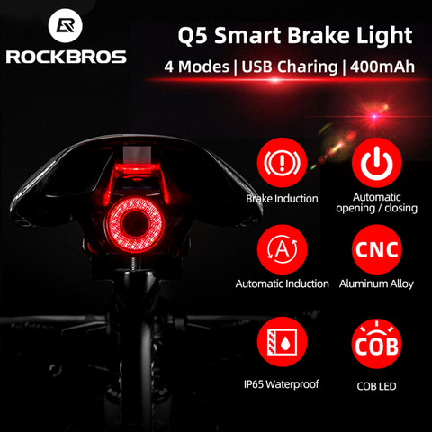 ROCKBROS bicicleta inteligente para automóbil de freno Luz de detección de IPx6 impermeable de carga LED Luz de luz trasera de bicicleta accesorios Q5 ► Foto 1/6