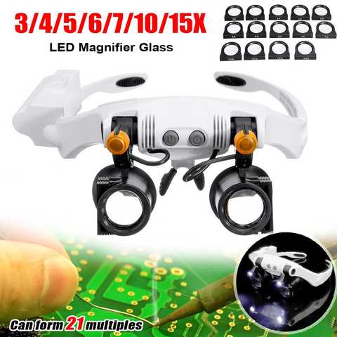 Eficiente lupa de 7 lentes ajustable 3/4/5/6/7/10/15x, lupa de luz LED para cabeza, lupa de cristal, gafas con lámpara ► Foto 1/6