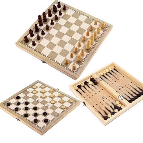 Juego de ajedrez de madera plegable 3 en 1, juegos de viaje, juego de entretenimiento, regalo ► Foto 1/4
