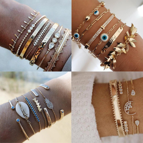 Tocona-pulsera Bohemia con borla de oro para mujer, concha de verano, piedra de cristal transparente, piña, corazón geométrico, joyería ► Foto 1/6