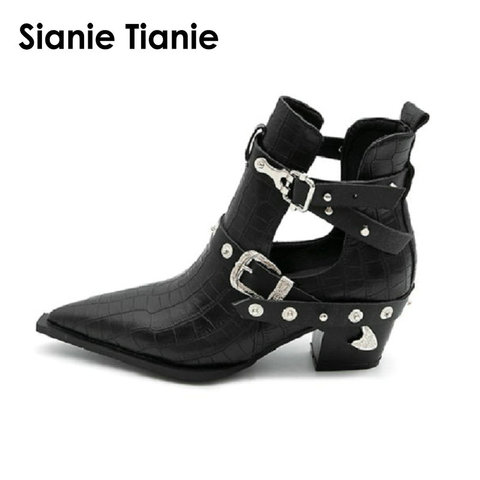 Sianie Tianie hallow-Botas de cuero sintético para mujer, botines puntiagudos, estilo gótico punk, botines para motocicleta ► Foto 1/6