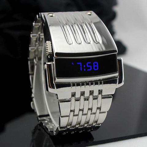 Reloj de pulsera Digital para hombre, pulsera ancha de acero inoxidable con pantalla LED azul a la moda, regalo ► Foto 1/6