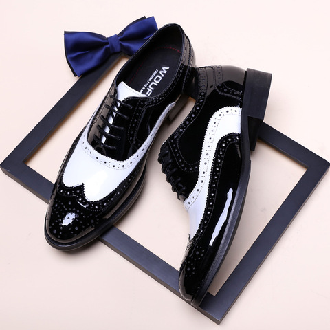 Zapatos de vestir Wingtip para hombre, zapatos Oxfords para espectador, traje de caballeros, zapatos de cuero calado, para boda, color negro y blanco ► Foto 1/6