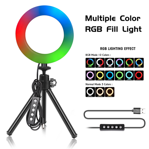 Anillo de luz LED para selfis, lámpara de 6 pulgadas, RGB, 15 colores, 3 modelos con trípode, soporte, enchufe USB, para YouTube, maquillaje en vivo y fotografía ► Foto 1/6