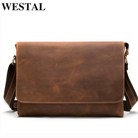 WESTAL maletines para hombres, bolso para ordenador portátil, bolsos de oficina, bolsas de mensajero para hombres, maletines de cuero Crazy Horse, bolso de negocios ► Foto 1/6