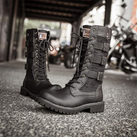 Botas de cuero para motocicleta para hombre, calzado informal, vaquero, táctico, estilo gótico Punk ► Foto 1/6