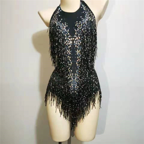 Body Sexy de LICRA con borlas y diamantes de imitación para mujer, ropa de actuación, leotardo de baile, mono de diseño con flecos para cantante, traje de baile ► Foto 1/6