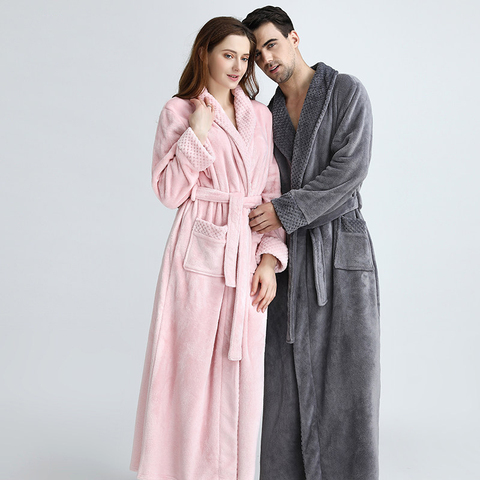 Extra Largo talla grande invierno cálido Coral polar Albornoz mujeres hombres franela Dobby Kimono bata de baño dama de honor vestido de boda ► Foto 1/6