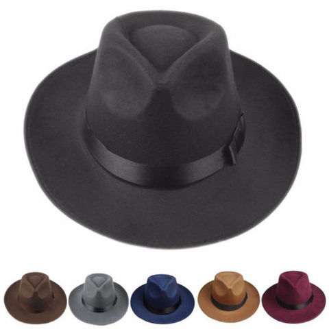 Nuevo Vintage Hip Hop Jazz tapas de Hippie Unisex los hombres negro y gris Jazz lana sombrero Bowler Sombrero panamá de fieltro sombrero de gángster ► Foto 1/6