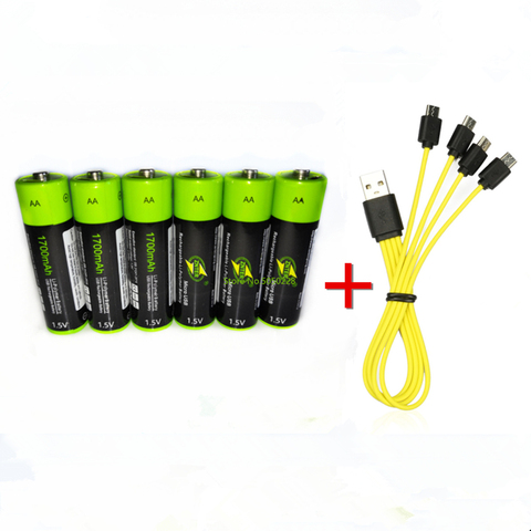 6 unids/lote ZNTER 1,5 V AA batería recargable 1700mAh USB batería de polímero de litio con cable Micro USB para carga rápida ► Foto 1/6