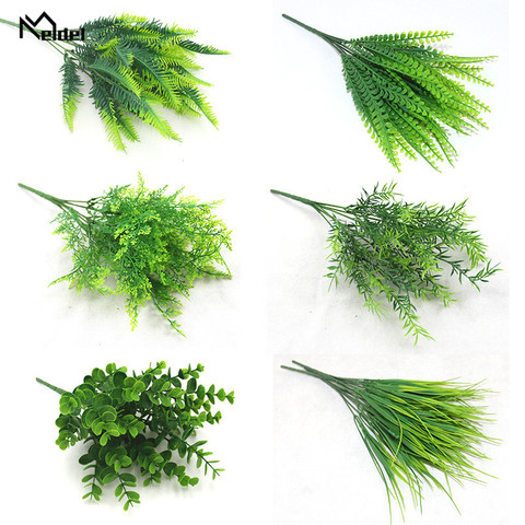 Meldel Planta Artificial 7 tenedores de plástico helechos verde hierba hojas de plantas para fiesta en casa jardín al aire libre decoraciones ► Foto 1/6