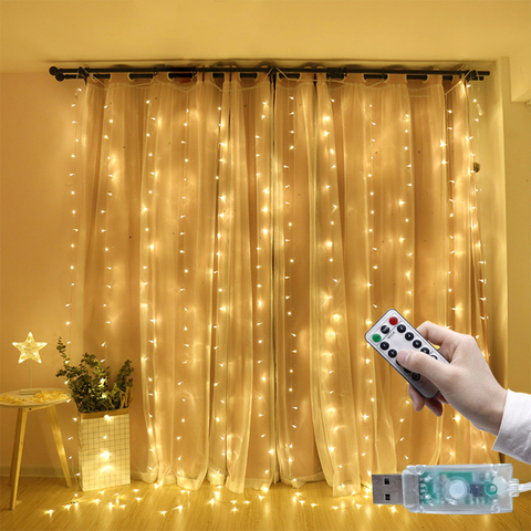 Cortina de luces LED con Control remoto, guirnalda de luces de Navidad con alimentación USB, 3M, para fiesta, jardín, hogar y boda ► Foto 1/6