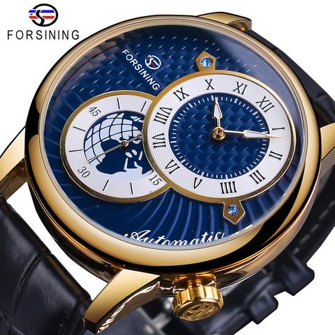 Forsining-Reloj de pulsera automático para hombre, esfera azul, resistente al agua, de cuero genuino negro, luminoso, mecánico, deportivo ► Foto 1/6