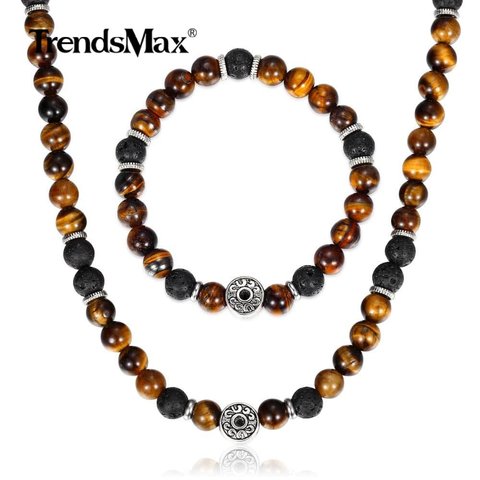 Juego de pulseras y collar de piedra de Ojos de tigre naturales para hombre y mujer, juego de joyería de cuentas de Lava de acero inoxidable, regalo masculino DS04 ► Foto 1/6